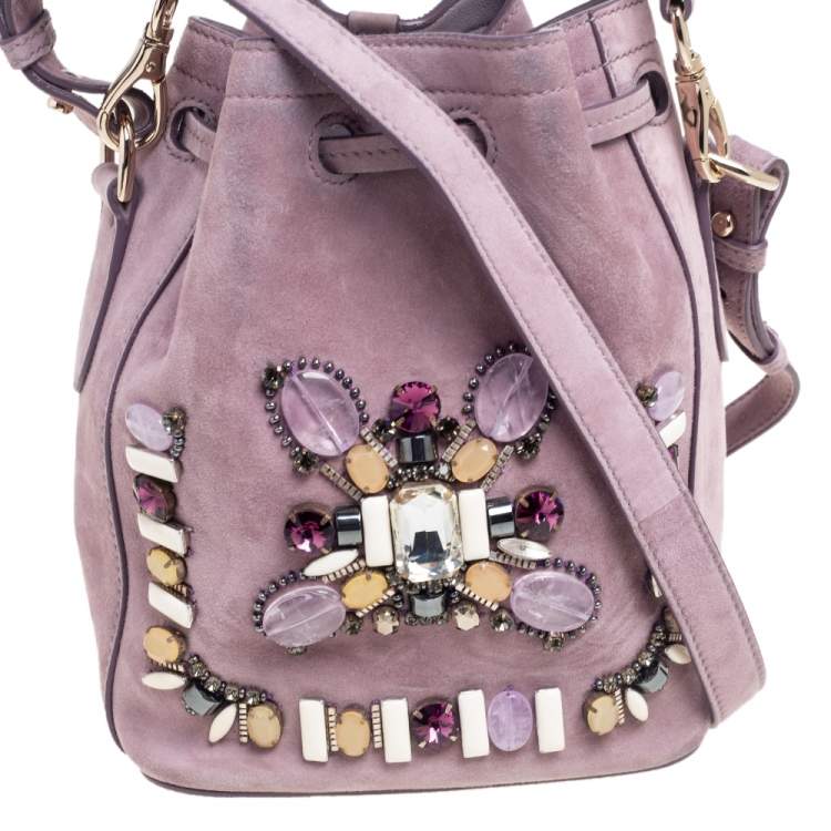 Pre Owned Ralph Lauren Purple Suede Crystal Embellished Drawstring Bucket Bag