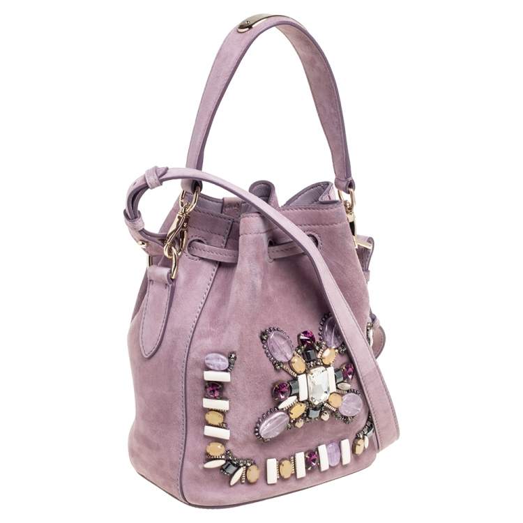 Pre Owned Ralph Lauren Purple Suede Crystal Embellished Drawstring Bucket Bag
