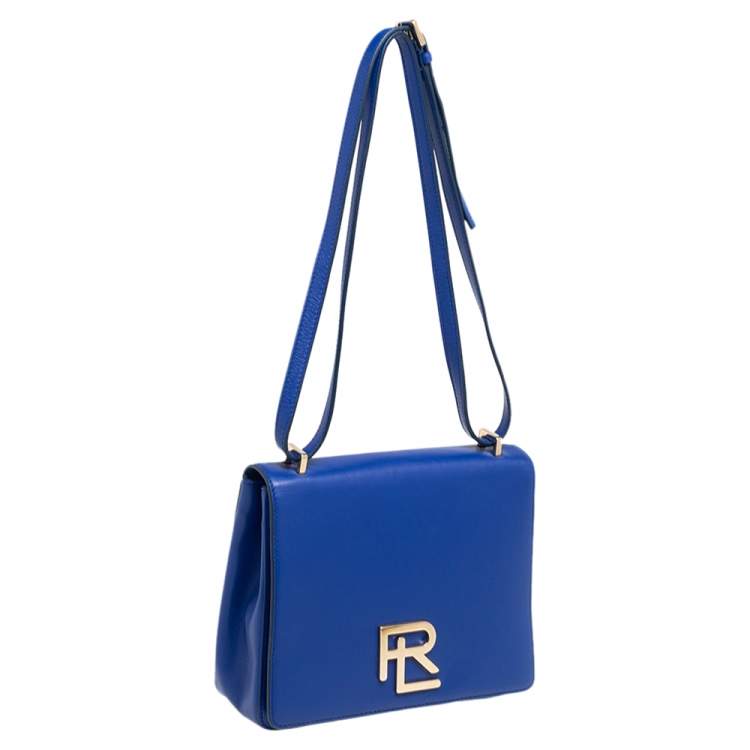 Pre Owned Ralph Lauren Blue Leather RL Flap Crossbody Bag