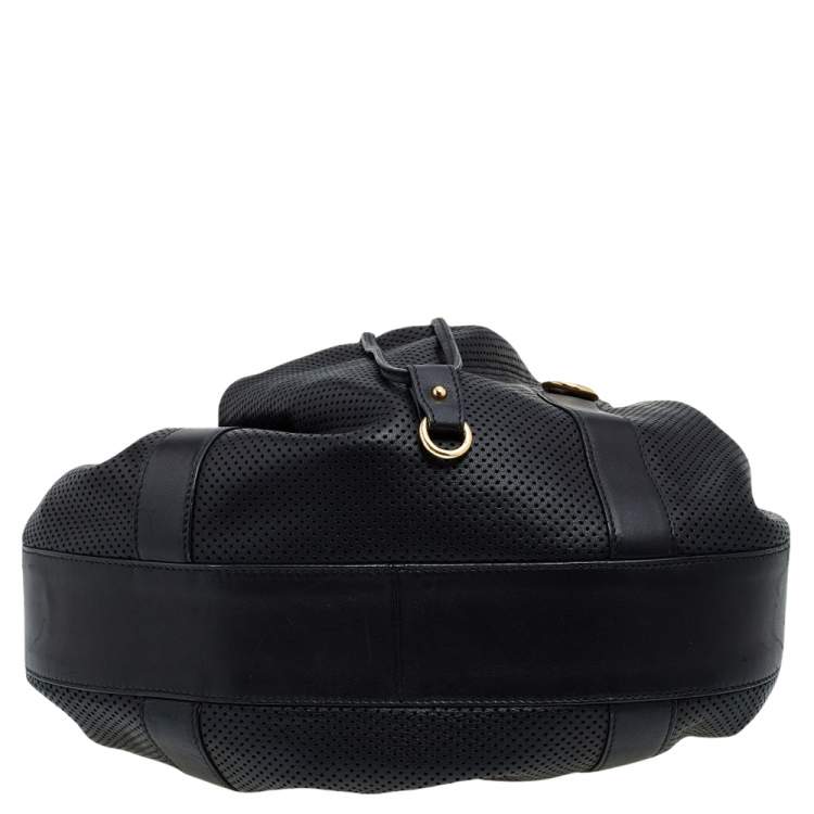 Pre Owned Ralph Lauren Black Perforated Leather Drawstring Hobo
