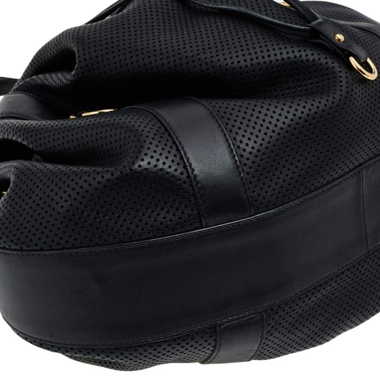 Pre Owned Ralph Lauren Black Perforated Leather Drawstring Hobo