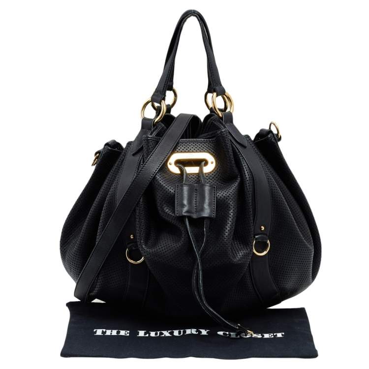 Pre Owned Ralph Lauren Black Perforated Leather Drawstring Hobo