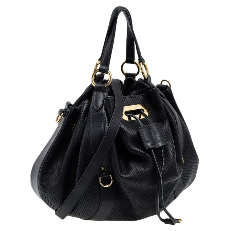 Pre Owned Ralph Lauren Black Perforated Leather Drawstring Hobo