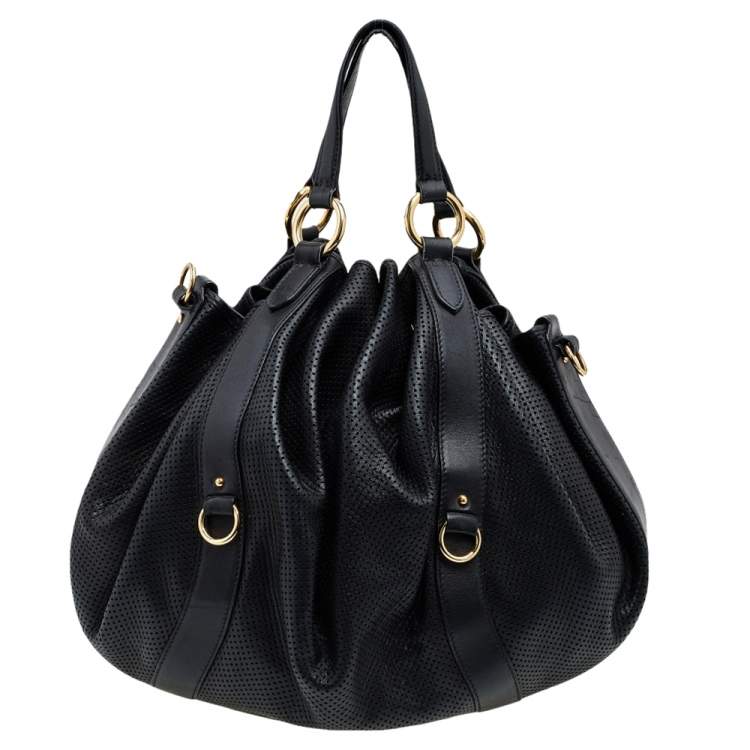 Pre Owned Ralph Lauren Black Perforated Leather Drawstring Hobo