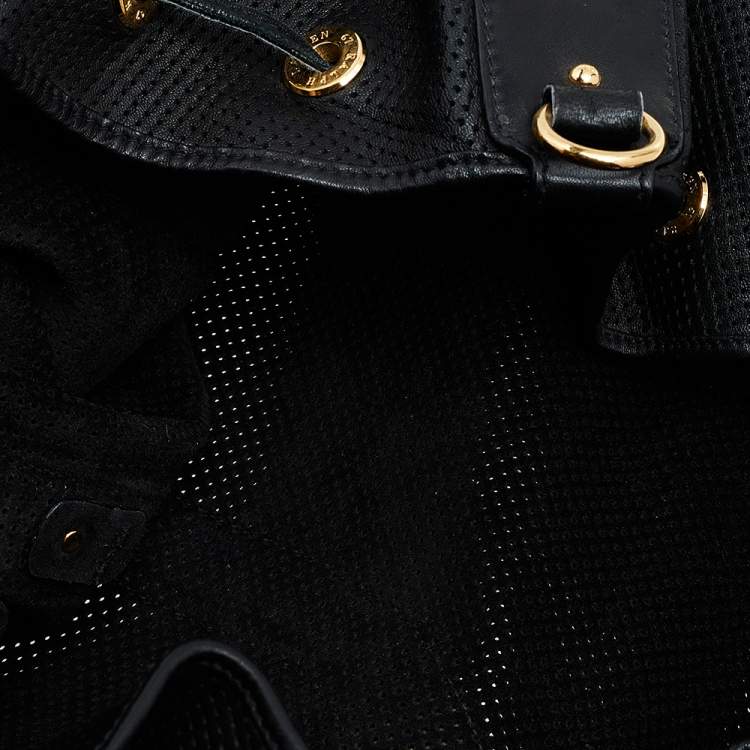 Pre Owned Ralph Lauren Black Perforated Leather Drawstring Hobo