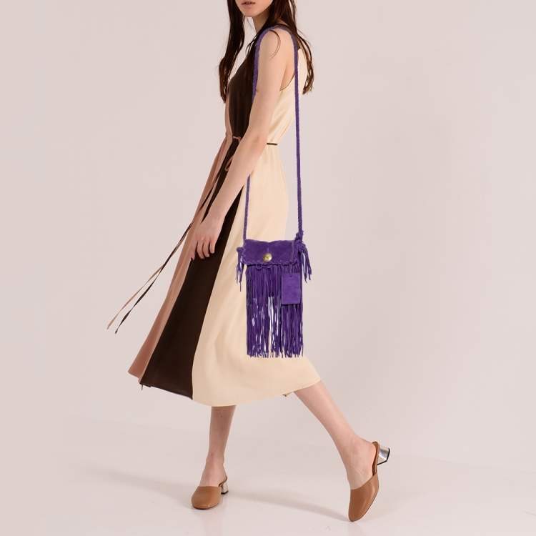 Pre Owned Ralph Lauren Purple Suede Fringe Crossbody Bag