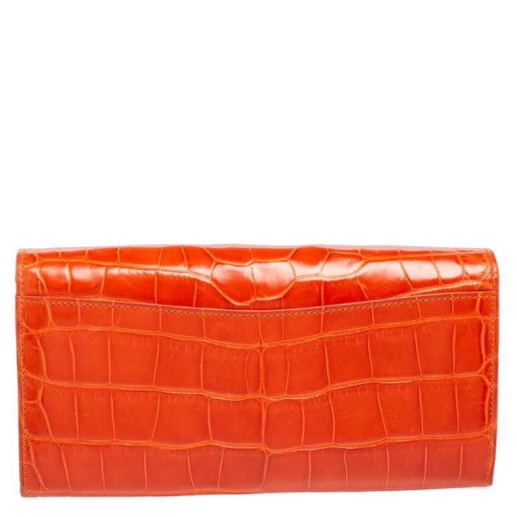 Pre Owned Ralph Lauren Orange Alligator Ricky Continental Wallet