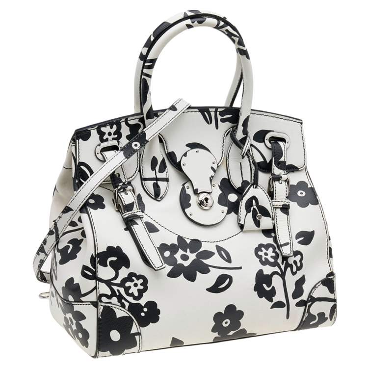 Pre Owned Ralph Lauren White/Black Floral Print Soft Leather Ricky Tote