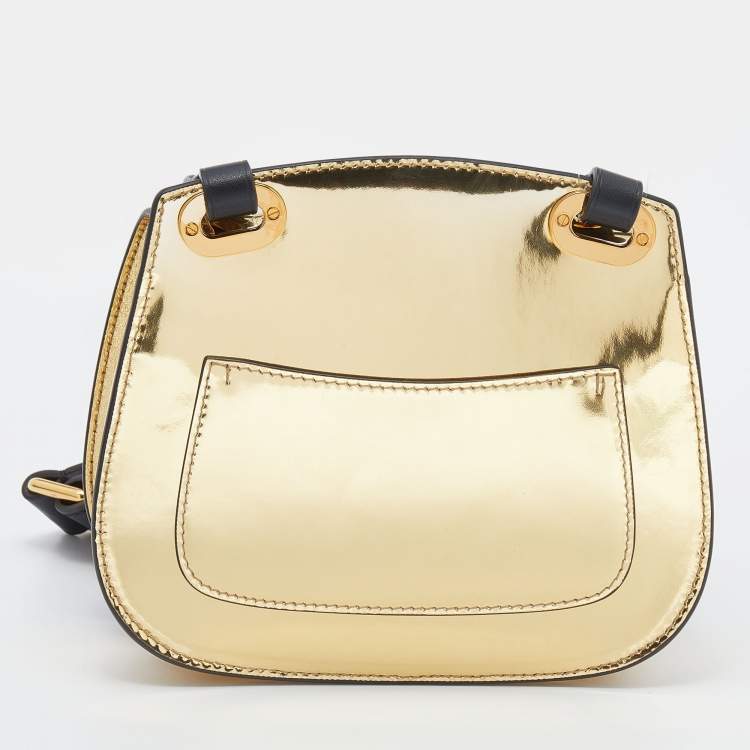 Pre Owned Ralph Lauren Metallic Gold/Black Leather Mini Saddle Bag