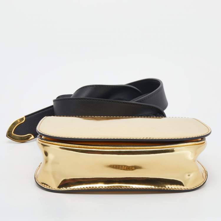 Pre Owned Ralph Lauren Metallic Gold/Black Leather Mini Saddle Bag