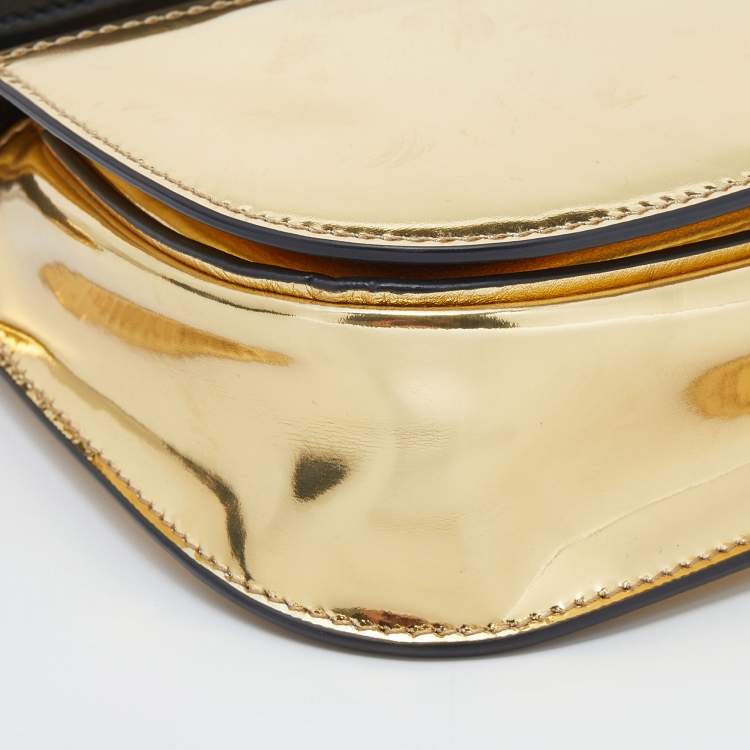 Pre Owned Ralph Lauren Metallic Gold/Black Leather Mini Saddle Bag