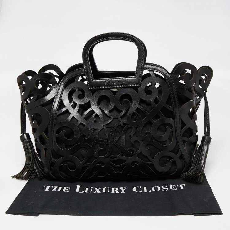 مملوكة مسبقًا Ralph Lauren Black Leather Vachetta Scroll Tote