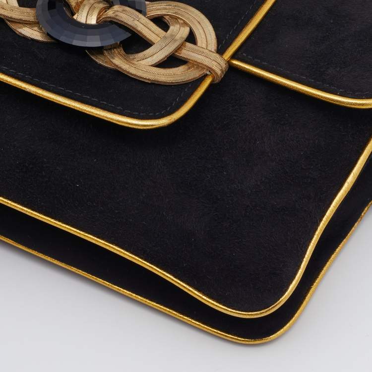 Pre Owned Ralph Lauren Black/Gold Suede And Leather Embellished Flap Shoulder Bag