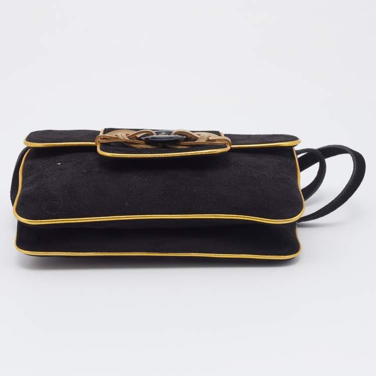 Pre Owned Ralph Lauren Black/Gold Suede And Leather Embellished Flap Shoulder Bag