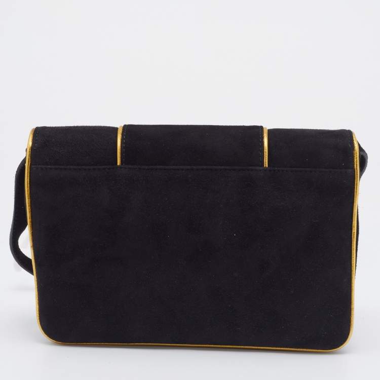 Pre Owned Ralph Lauren Black/Gold Suede And Leather Embellished Flap Shoulder Bag