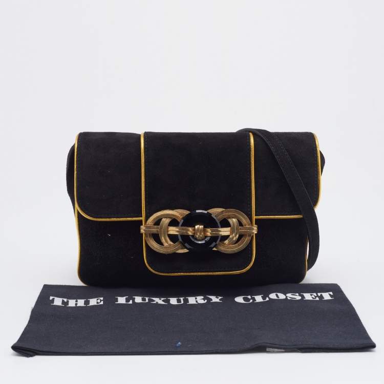Pre Owned Ralph Lauren Black/Gold Suede And Leather Embellished Flap Shoulder Bag