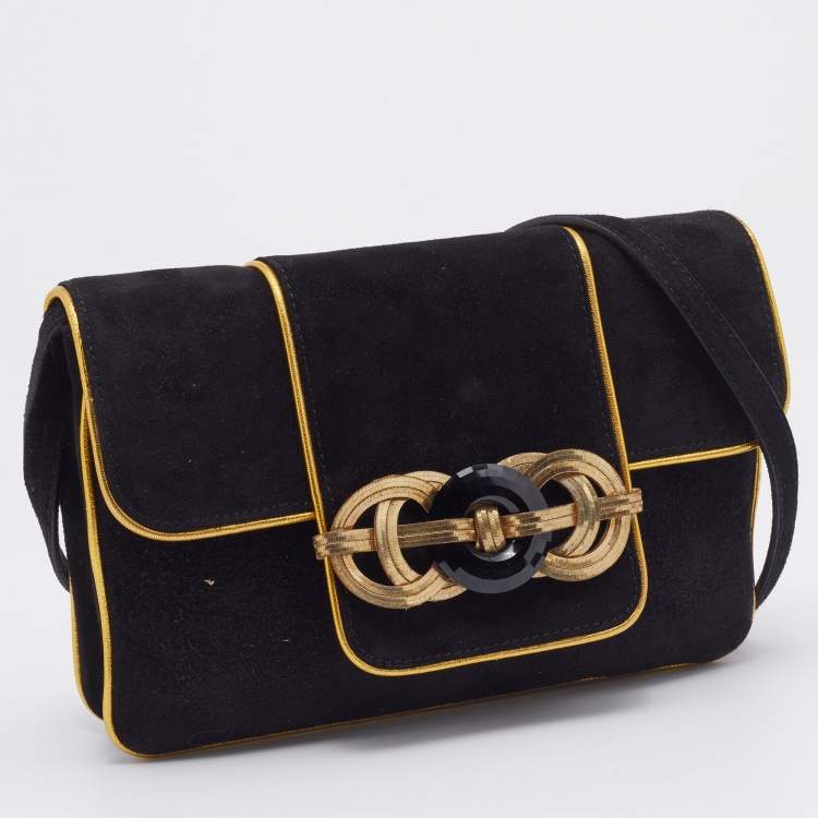 Pre Owned Ralph Lauren Black/Gold Suede And Leather Embellished Flap Shoulder Bag