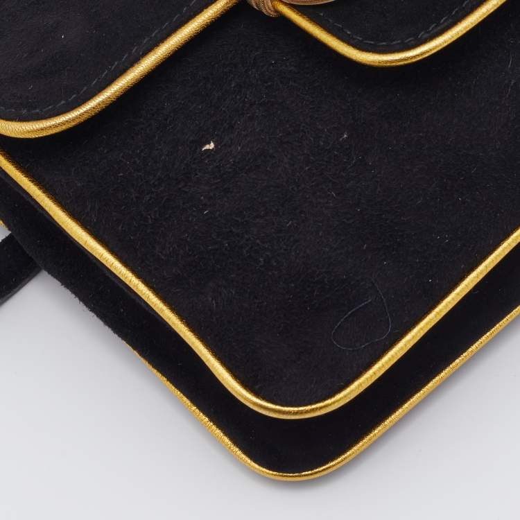 Pre Owned Ralph Lauren Black/Gold Suede And Leather Embellished Flap Shoulder Bag
