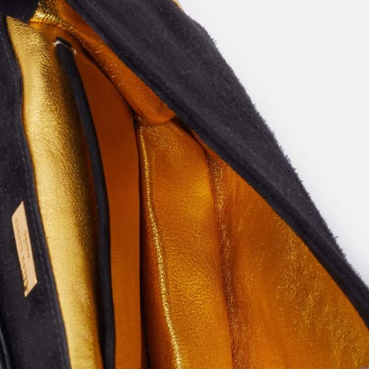 Pre Owned Ralph Lauren Black/Gold Suede And Leather Embellished Flap Shoulder Bag