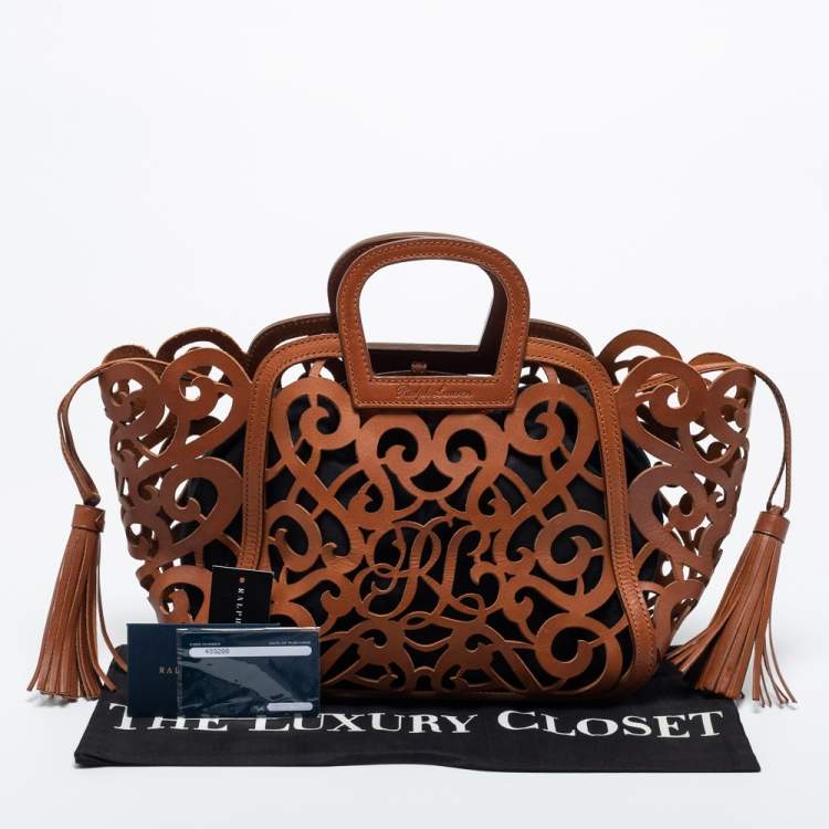 Pre Owned Ralph Lauren Brown Laser Cut Leather Small Vachetta Scroll Tote