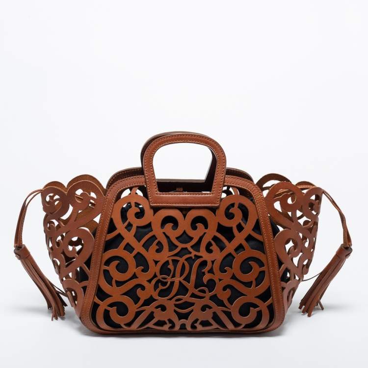 Pre Owned Ralph Lauren Brown Laser Cut Leather Small Vachetta Scroll Tote