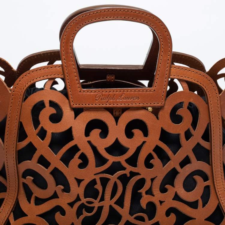 Pre Owned Ralph Lauren Brown Laser Cut Leather Small Vachetta Scroll Tote
