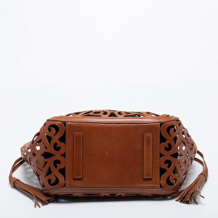 Pre Owned Ralph Lauren Brown Laser Cut Leather Small Vachetta Scroll Tote