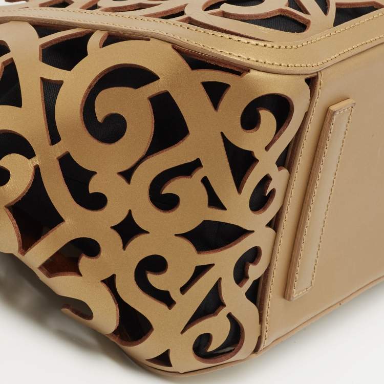 Pre Owned Ralph Lauren Metallic Gold Laser Cut Leather Vachetta Scroll Tote