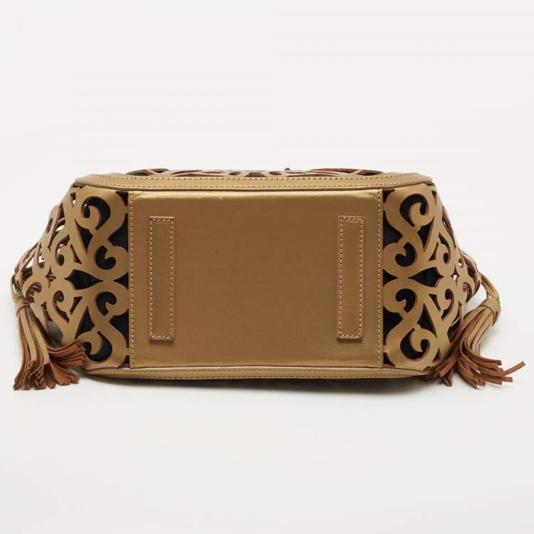 Pre Owned Ralph Lauren Metallic Gold Laser Cut Leather Vachetta Scroll Tote