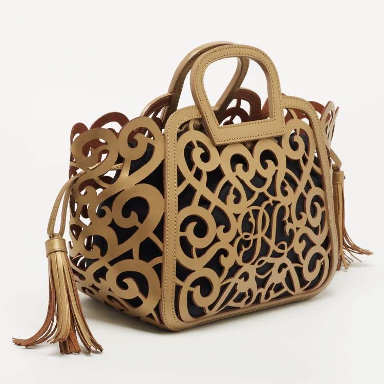 Pre Owned Ralph Lauren Metallic Gold Laser Cut Leather Vachetta Scroll Tote