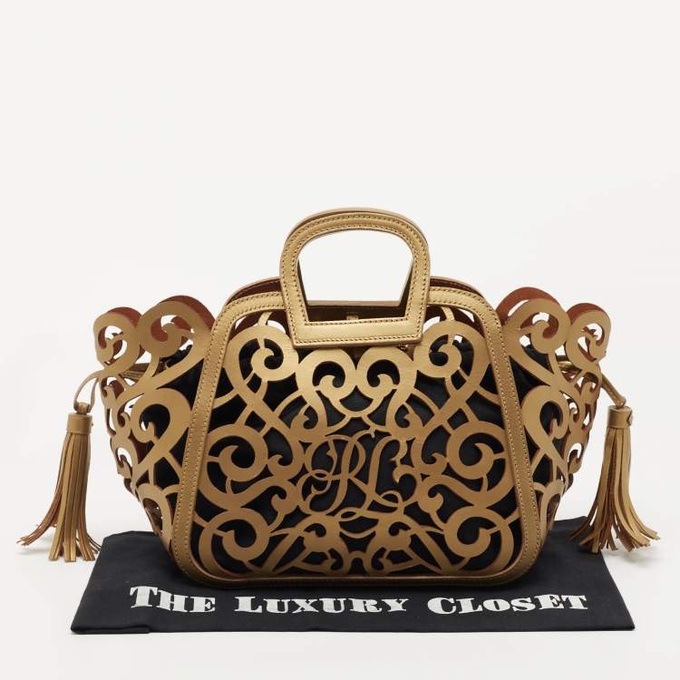 Pre Owned Ralph Lauren Metallic Gold Laser Cut Leather Vachetta Scroll Tote
