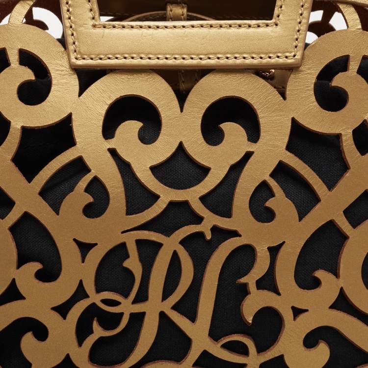 Pre Owned Ralph Lauren Metallic Gold Laser Cut Leather Vachetta Scroll Tote