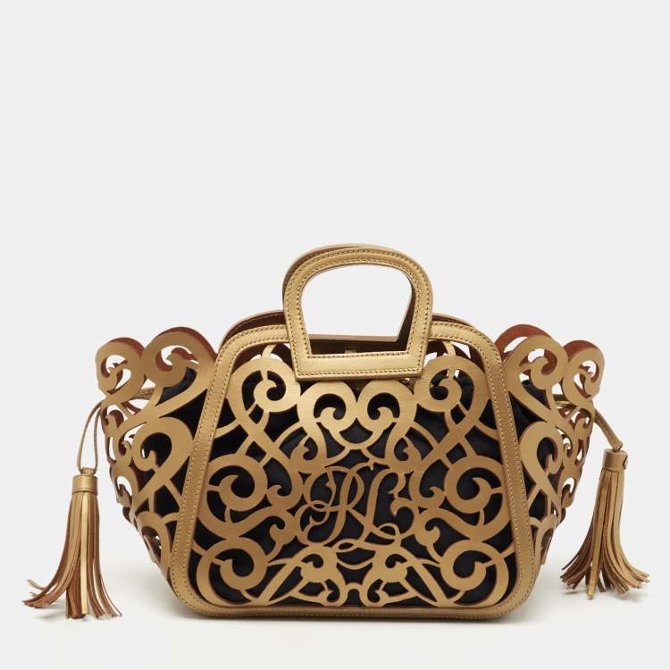 Pre Owned Ralph Lauren Metallic Gold Laser Cut Leather Vachetta Scroll Tote