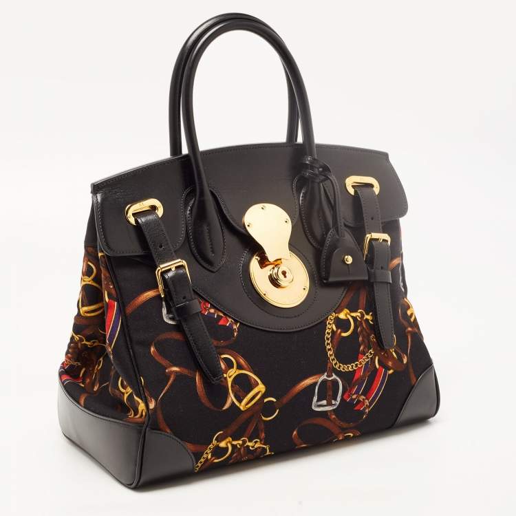 Pre Owned Ralph Lauren Black Printed Leather and Fabric Ricky 33 Tote