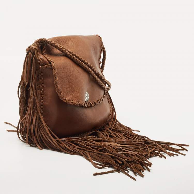 Pre Owned Ralph Lauren Brown Leather Fringe Flap Crossbody Bag