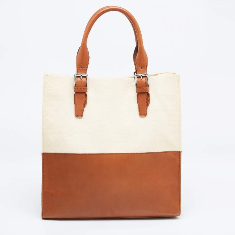 Pre Owned Ralph Lauren Cream/Tan Canvas and Leather  Shopper Tote