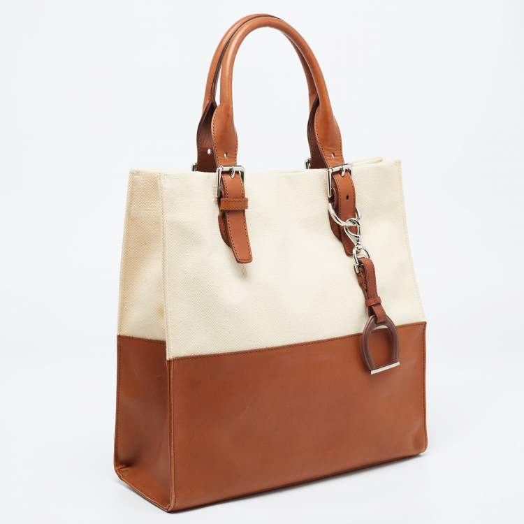 Pre Owned Ralph Lauren Cream/Tan Canvas and Leather  Shopper Tote