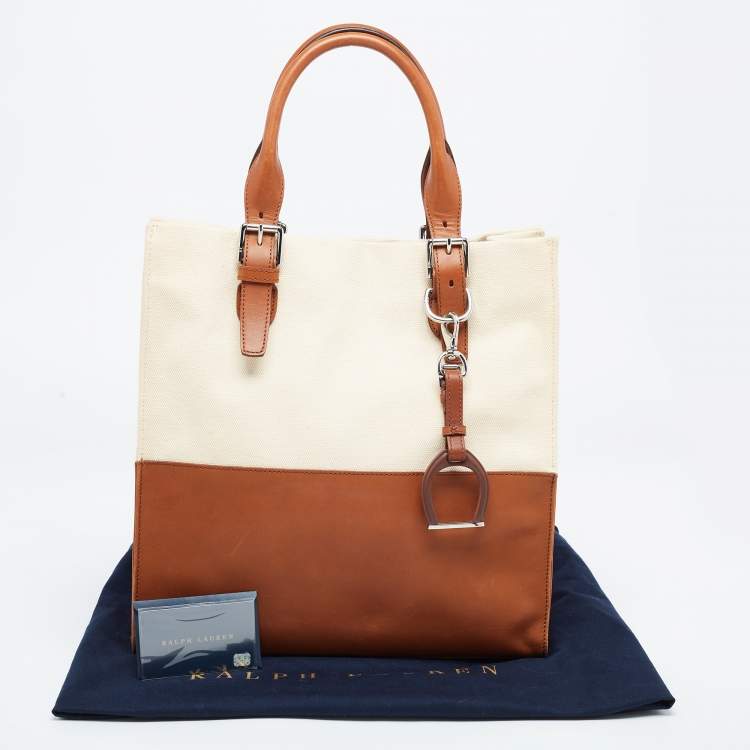 Pre Owned Ralph Lauren Cream/Tan Canvas and Leather  Shopper Tote