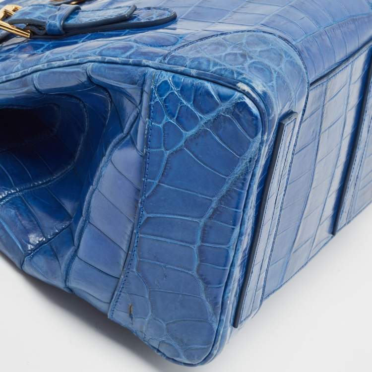 Pre Owned Ralph Lauren Blue Shine Crocodile Ricky 33 Tote