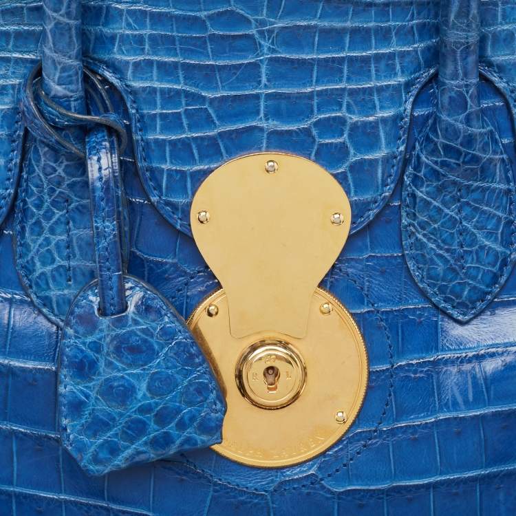 Pre Owned Ralph Lauren Blue Shine Crocodile Ricky 33 Tote