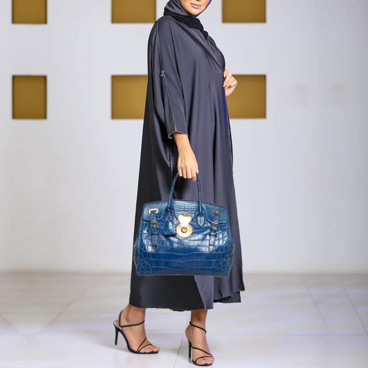 Pre Owned Ralph Lauren Blue Shine Crocodile Ricky 33 Tote