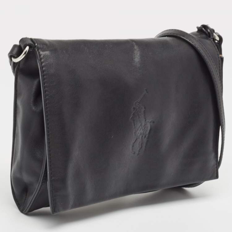 Pre Owned Ralph Lauren Black Leather Logo Embossed Flap Messenger Bag