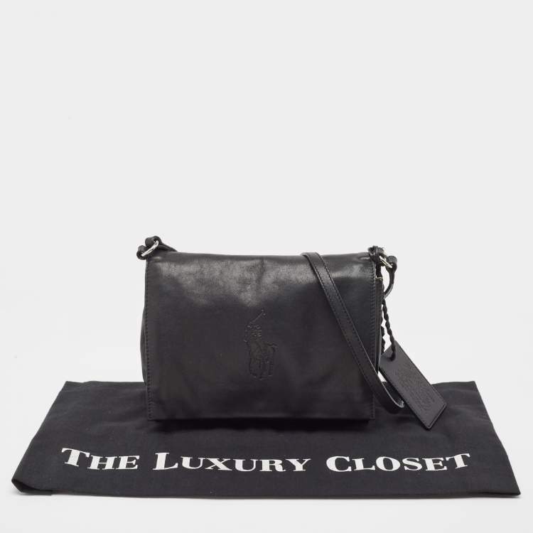 Pre Owned Ralph Lauren Black Leather Logo Embossed Flap Messenger Bag