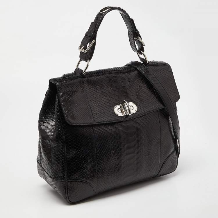 Pre Owned Ralph Lauren Black Python Flap Buckle Top Handle Bag