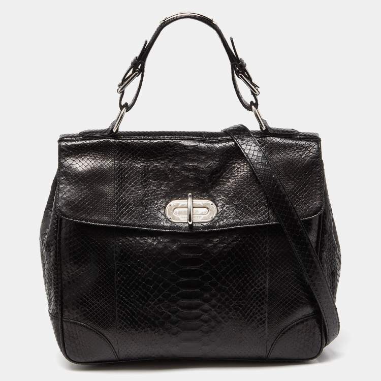 Pre Owned Ralph Lauren Black Python Flap Buckle Top Handle Bag