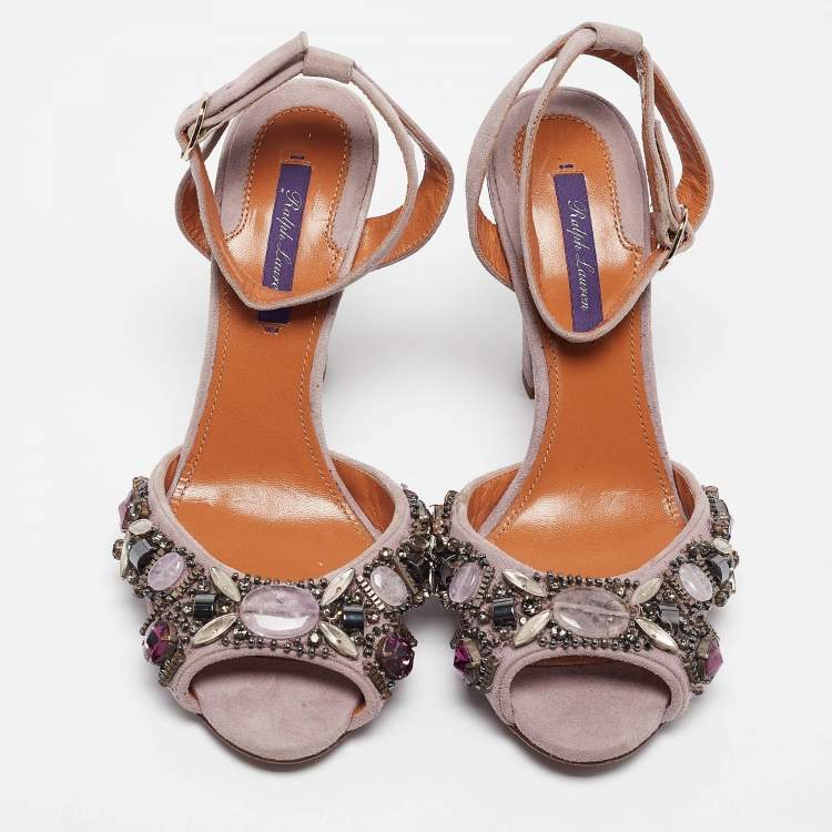 Pre Owned Ralph Lauren Purple Suede Crystal Embellished Ankle Strap Sandals Size 39