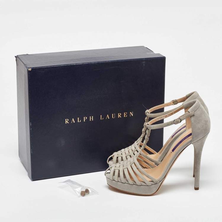 Pre Owned Ralph Lauren Grey Suede Leather T Strap Platform Sandals Size 38.5
