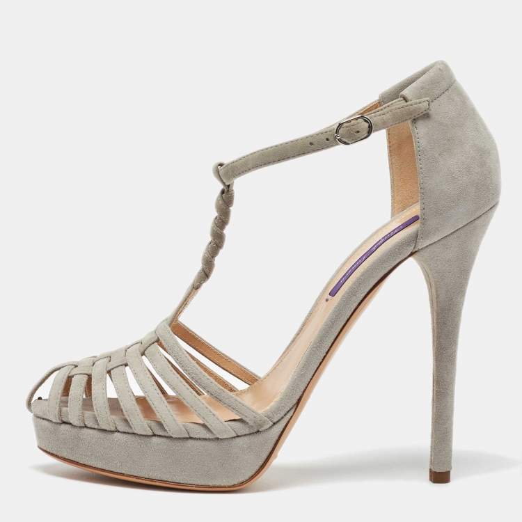 Pre Owned Ralph Lauren Grey Suede Leather T Strap Platform Sandals Size 38.5