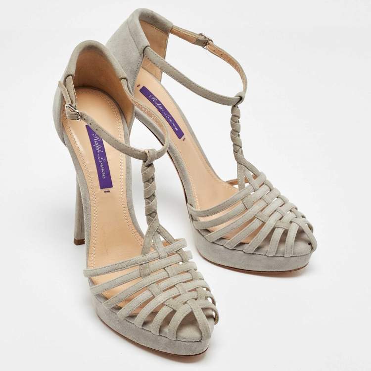 Pre Owned Ralph Lauren Grey Suede Leather T Strap Platform Sandals Size 38.5