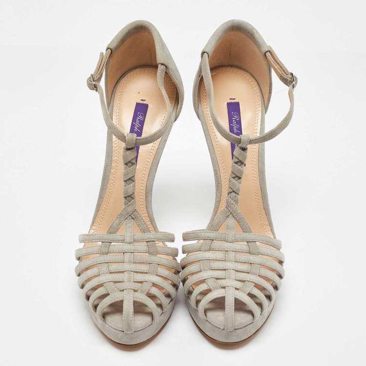 Pre Owned Ralph Lauren Grey Suede Leather T Strap Platform Sandals Size 38.5